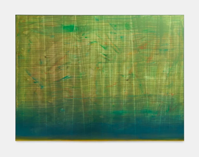 Dawn by Prot Urban — horizontal painting: an ochre-green field of fine vertical traces dissolving into a deep teal lower band