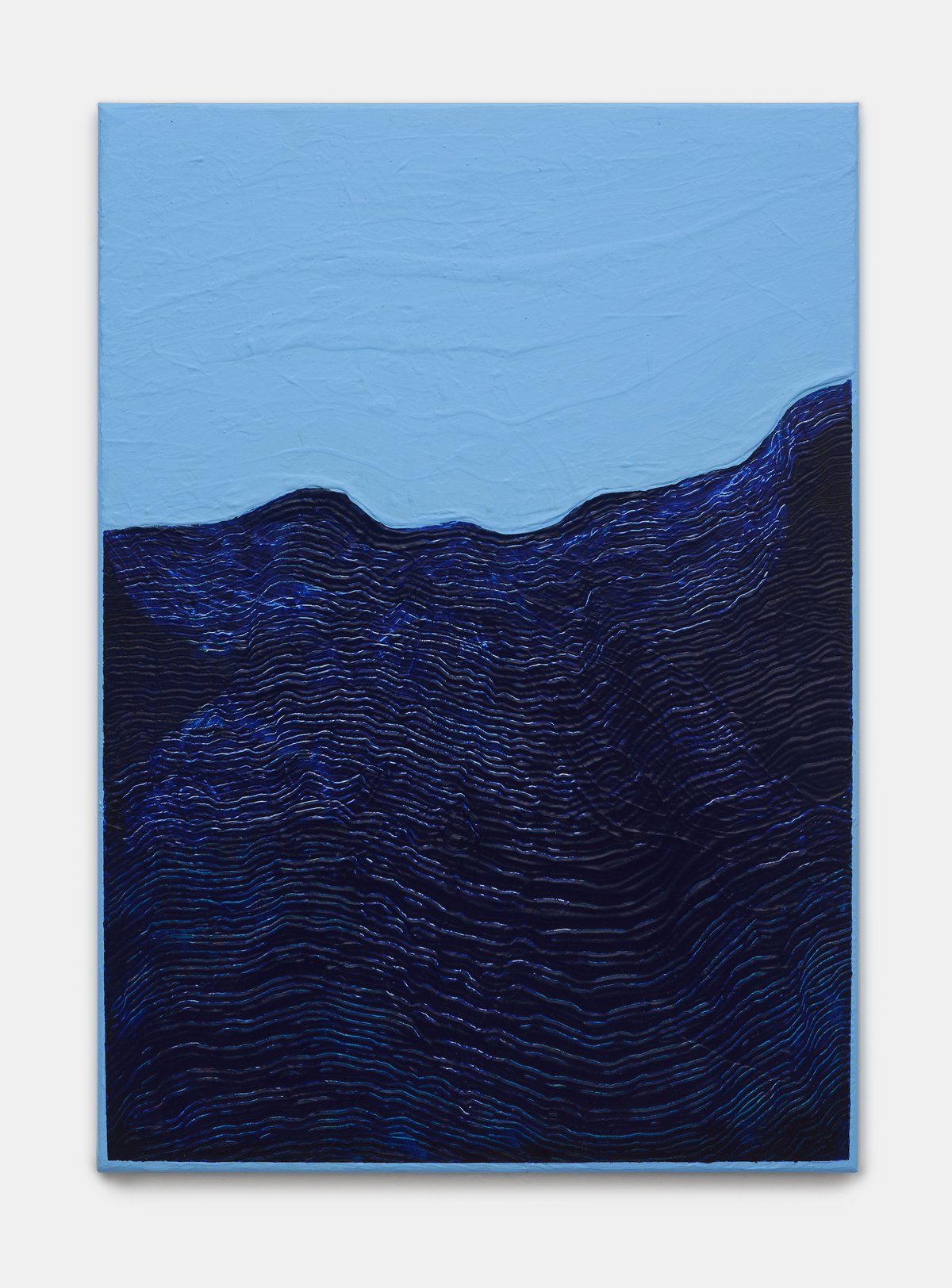 Wave by Prot Urban — vertical painting: a pale sky-blue upper field above a deep blue mass of fine, wave-like ridged lines